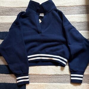 Women Navy Zip-Up Sweater with Striped Accents